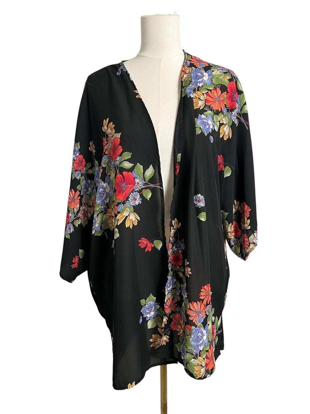 Timing Floral Open Front Kimono Cardigan Black Multicolor Large Boho Duster